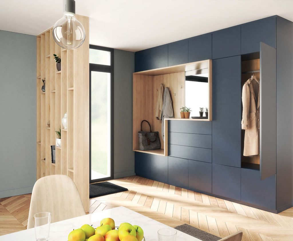 Photo d'un entrée bien rangée grâce à un meuble avec différents types de rangement