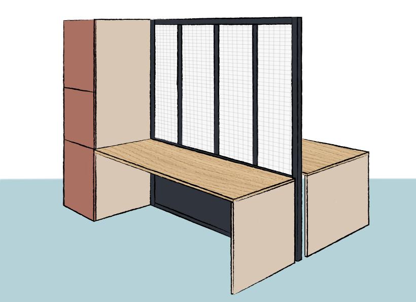 Image illustrant un plateau en chêne vicenza et une verrière noire vitre armée dans un open space