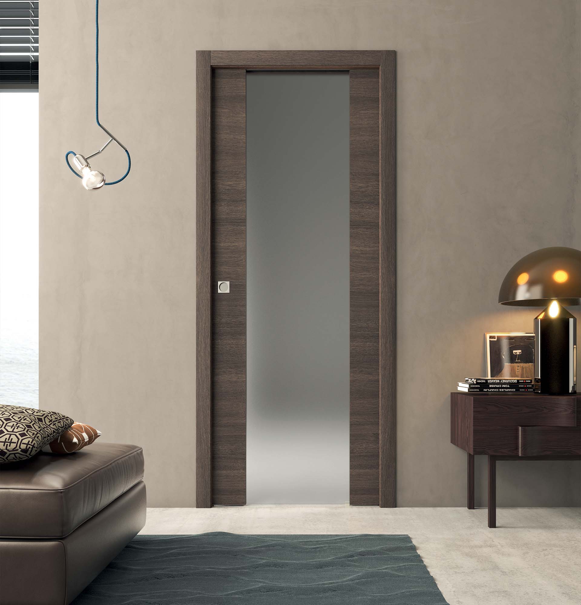 Porte coulissante à galandage DÉCO modèle Vetri simmetrico avec vitre dépolie, décor chêne moka