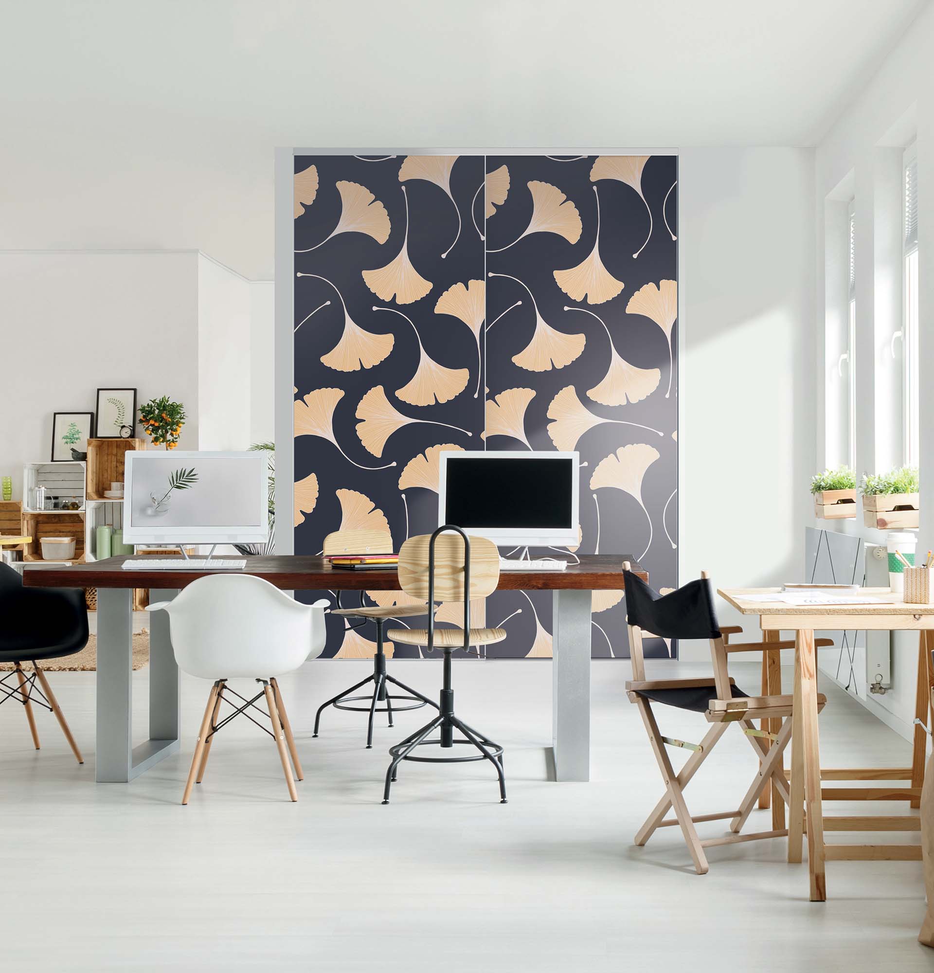 Porte de placard, modèle Ginkgo bleu, collection Florale