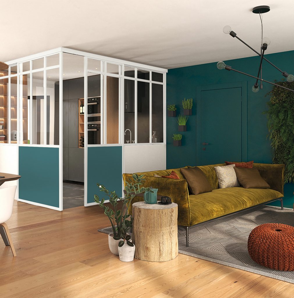 Verrière _ modèle Duo Loft Coulissante, Verrière Fixe L sur muret, profil blanc mat, vert niagara, vitre feuilletée claire