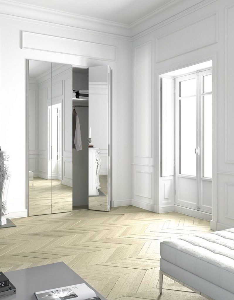 Portes de placard Open pliante miroir argent, 2 double-panneaux, bâti blanc, poignées Edge