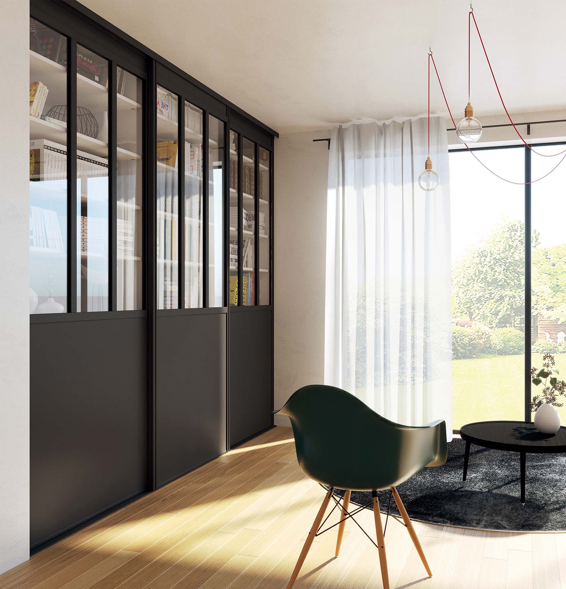 Portes coulissantes Diamant Atelier, 3 partitions, noir mat, vitre feuilletée claire