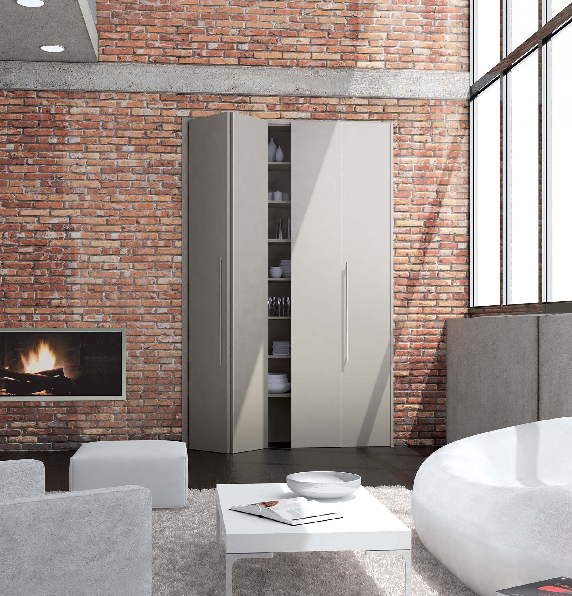 Portes de placard Open pliante décor argile, 2 double-panneaux, bâti MDF peint, poignées barre