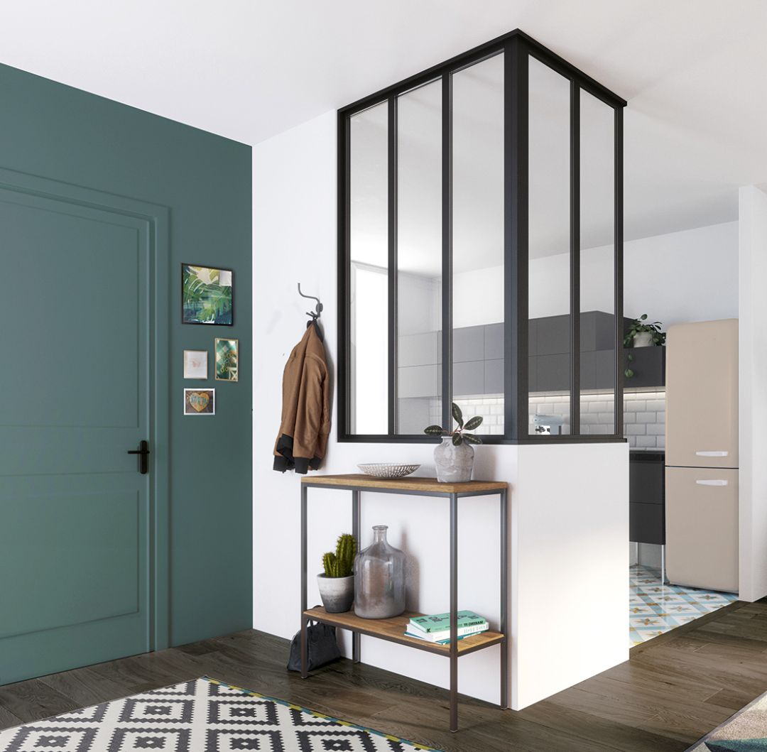 Verrière entrée / cuisine modèle Integra, profil L antracite sablé, verre feuilletée claire