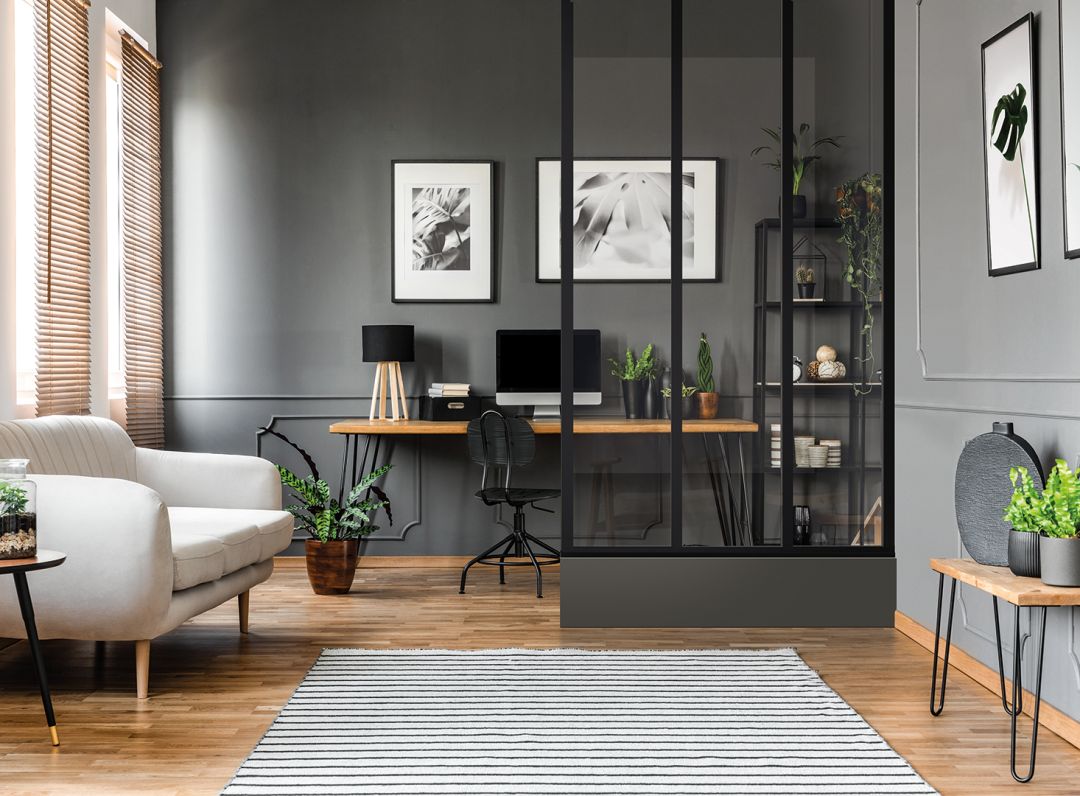 Verrière bureau modèle Integra sur muret, profil L noir mat, vitre feuilletée claire