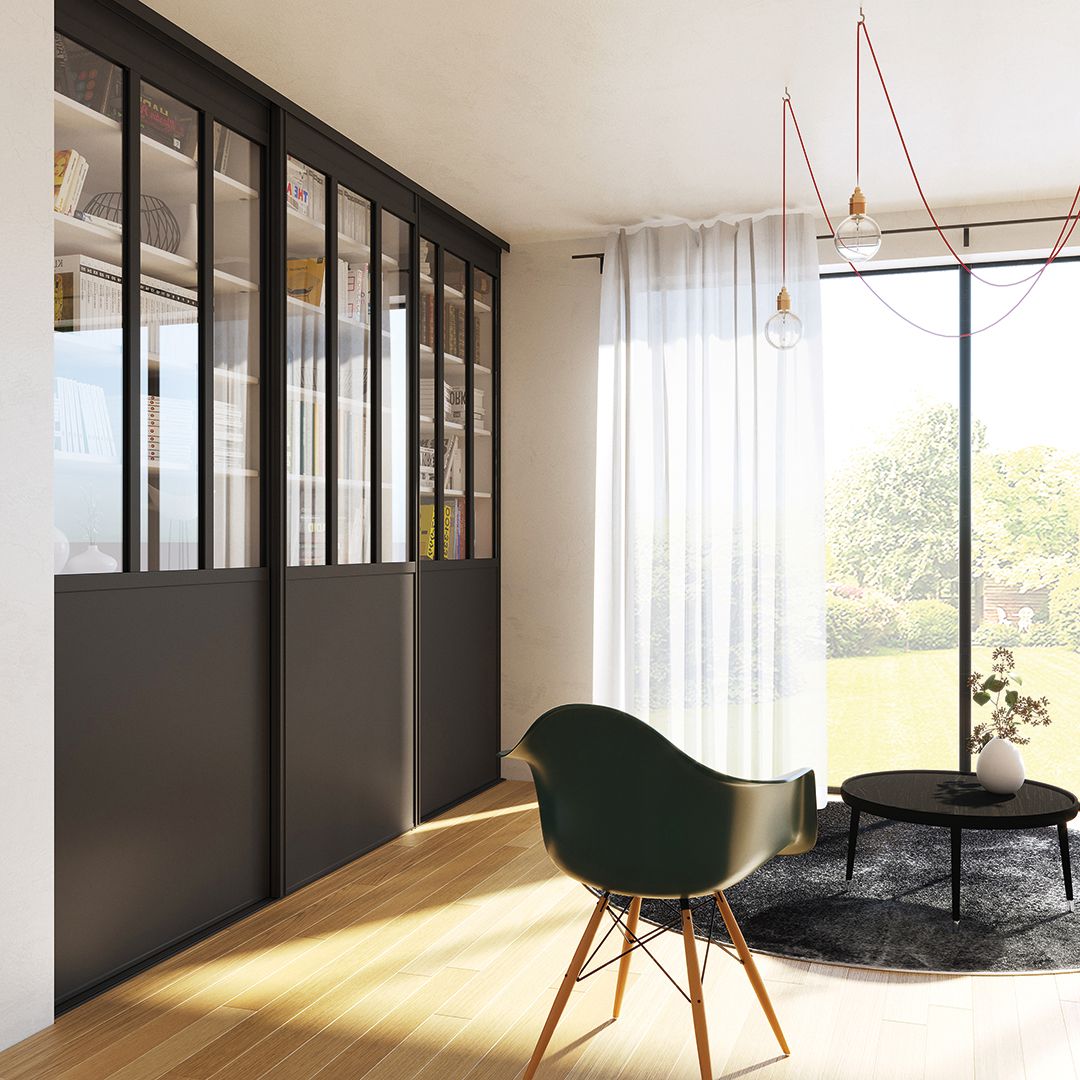 Verrière salon modèle Duo Coulissant, profil Diamant atelier noir mat, vitre feuilletée claire