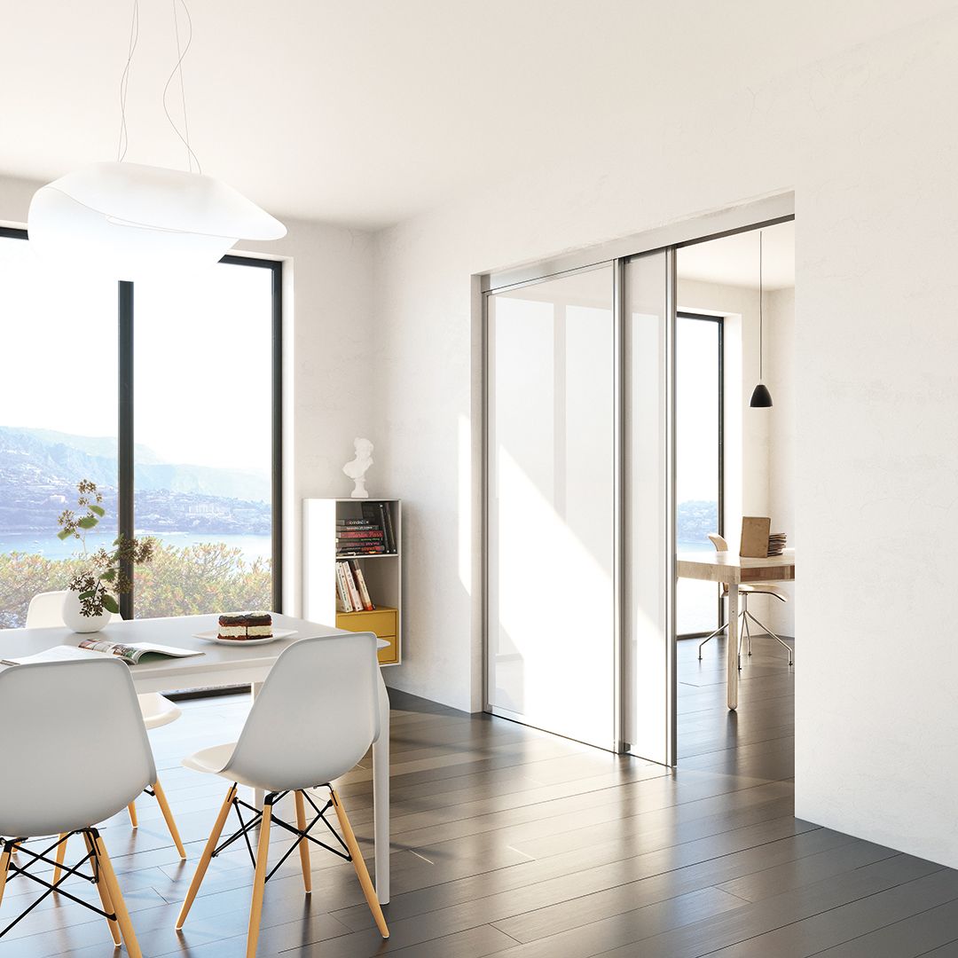 Séparation de pièce salle à manger / bureau Atltitude, profil Diamant argent brillant, Perfect Blanc Gloss