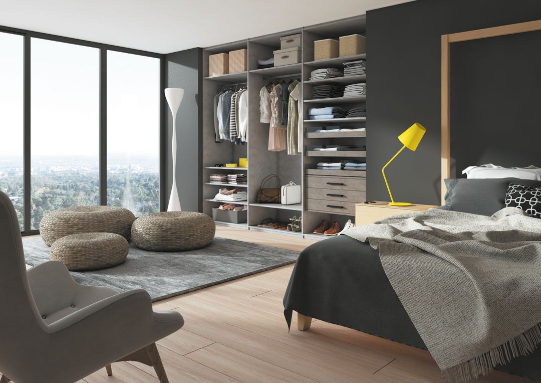 Dressing sur-mesure, chambre décor béton Chicago Clair et Béton Chicago Foncé, poignée Cubico