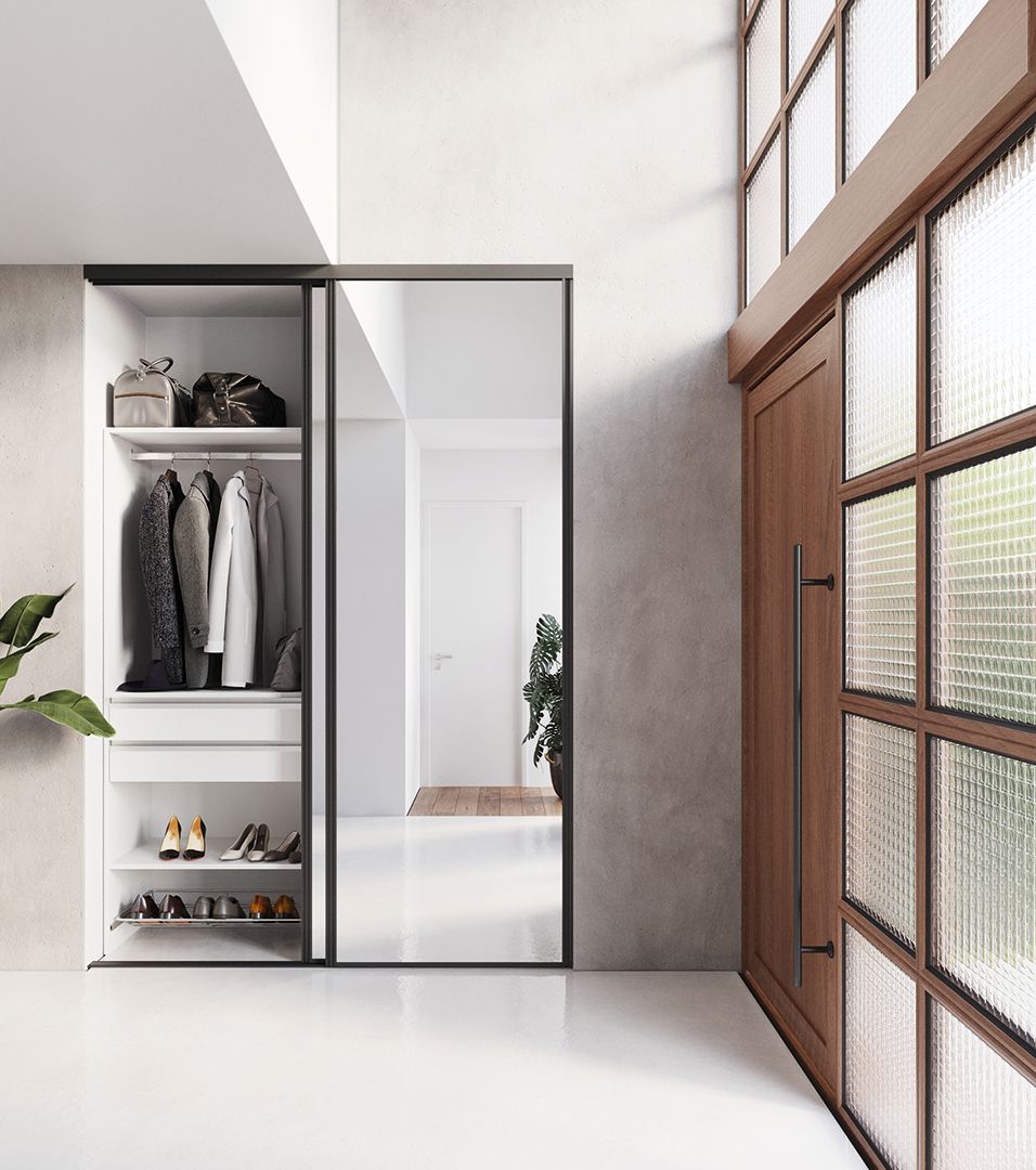 Dressing composable éco H2036, 1 départ + extension E5 + E3, portes coulissantes diamant noir mat et miroir argent