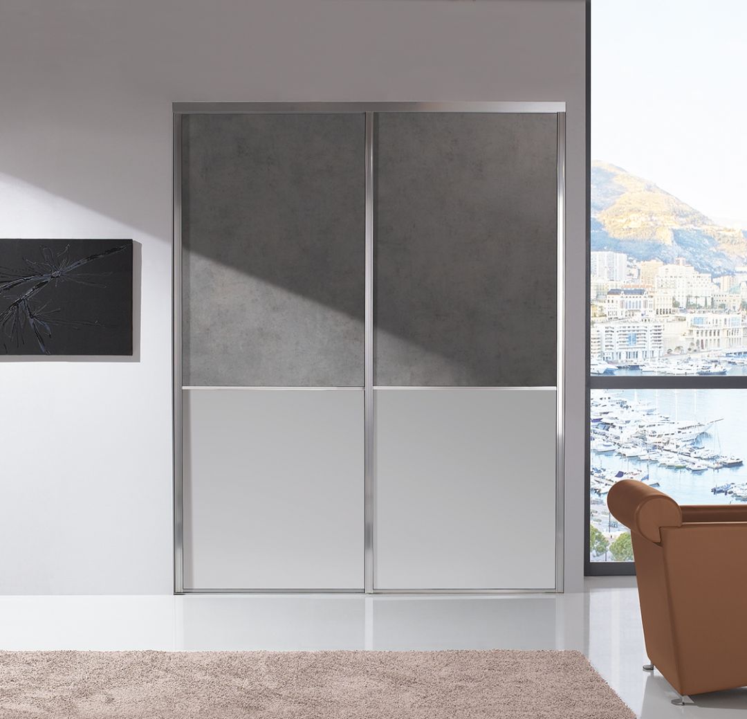 Portes de placard salon Diamant argent brillant, sillage modèle duo, décor gris souris et béton chicago clair