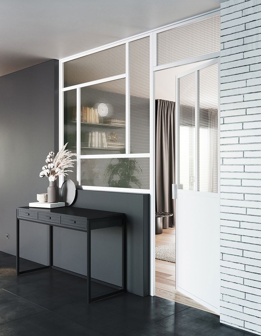 Verrière salon modèle Hélice, profil L blanc mat, verre armé