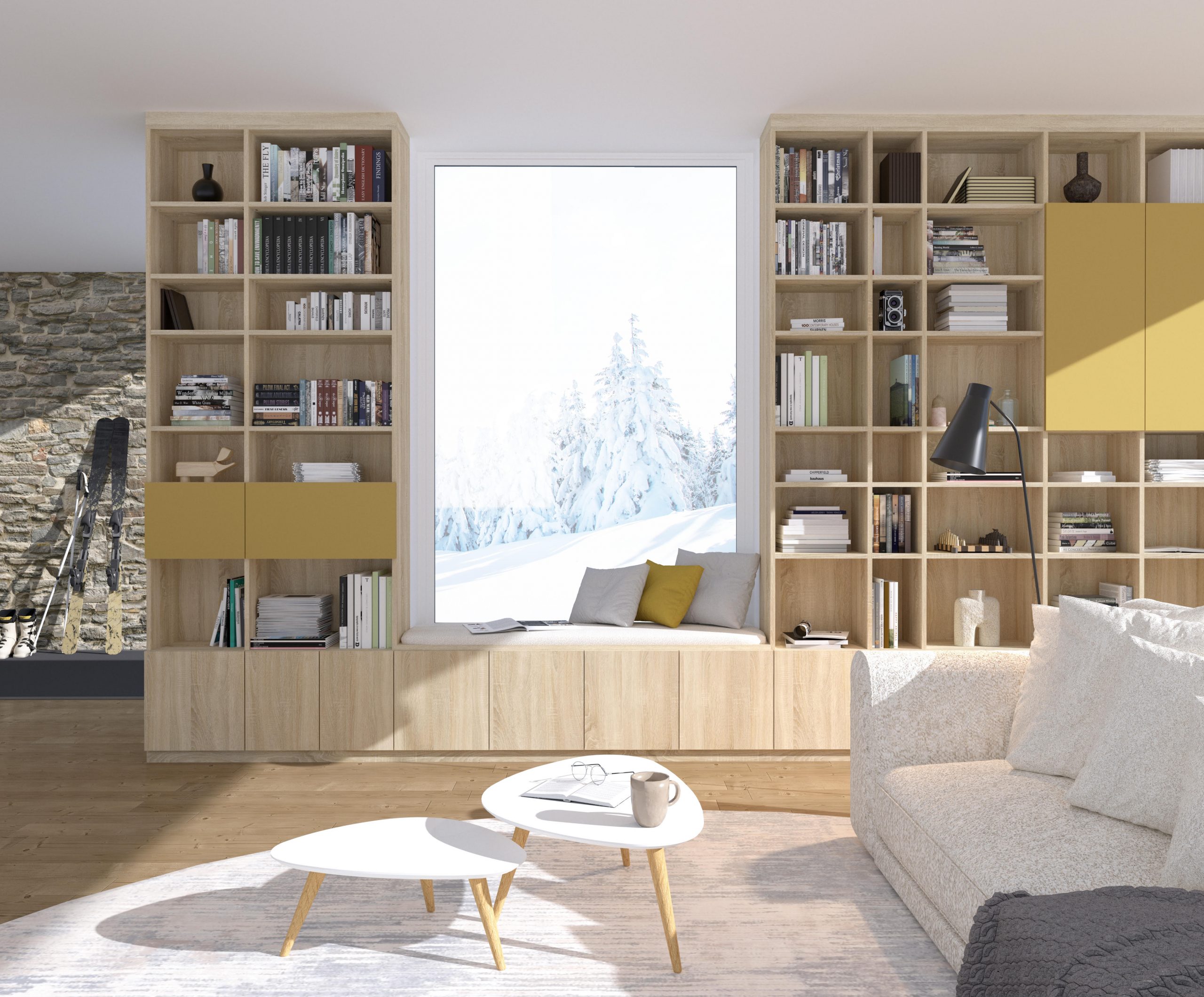 Bibliothèque moutarde et chêne sable