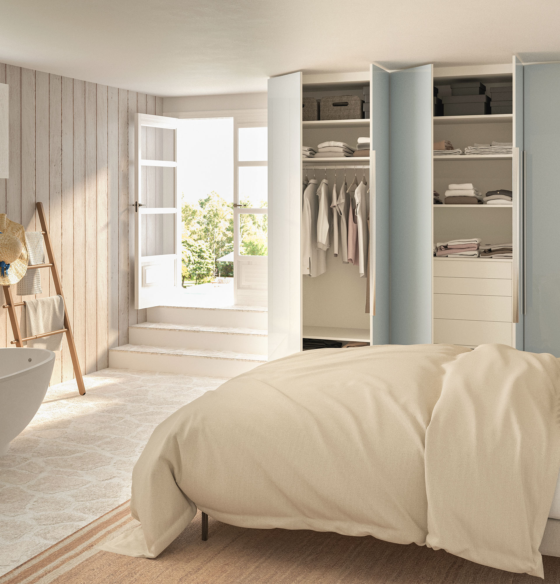 Dressing blanc avec portes vitres laquées bleu ciel